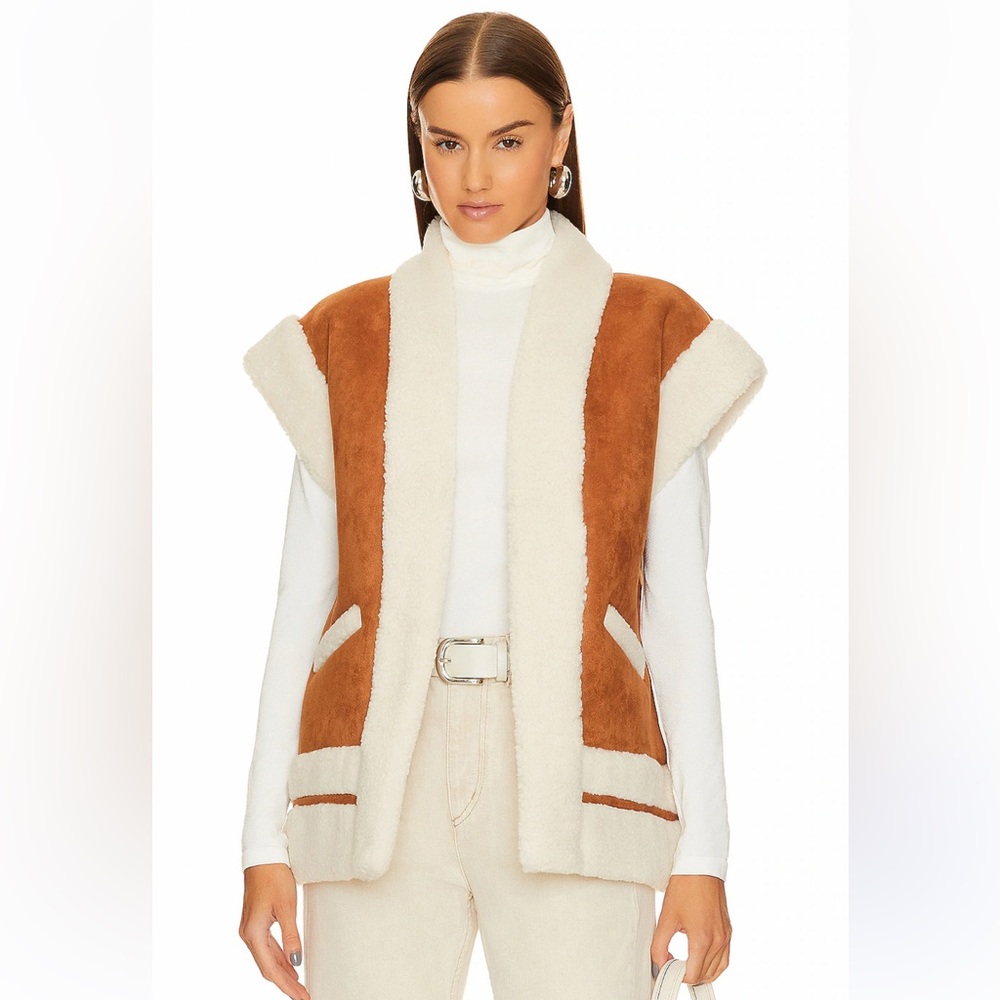 Central Park West Tan and Cream Shearling-Trim Vest